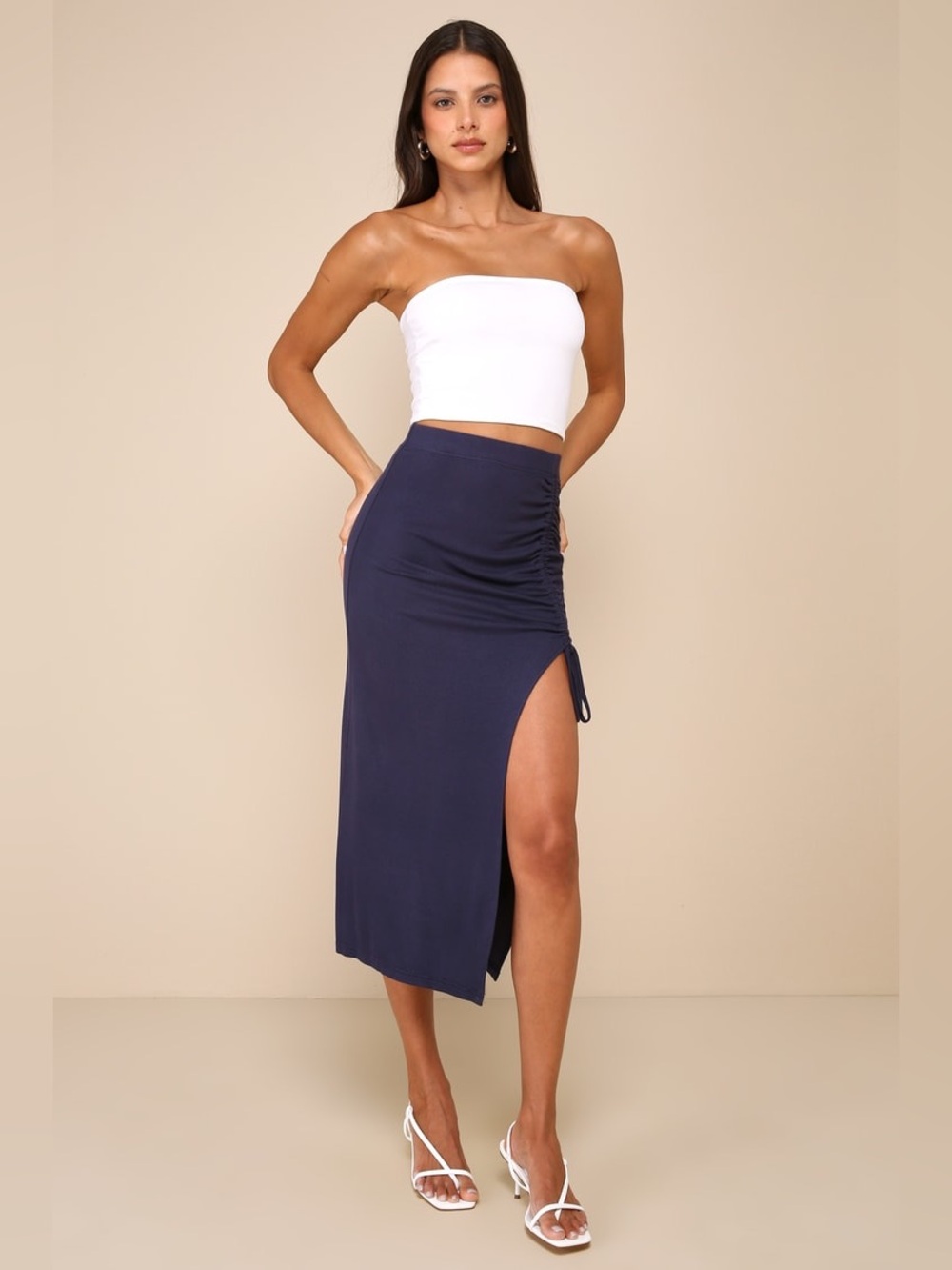 NWT Lulus Simply Trendy Navy Blue Ribbed Ruched Drawstring Midi Skirt Medium